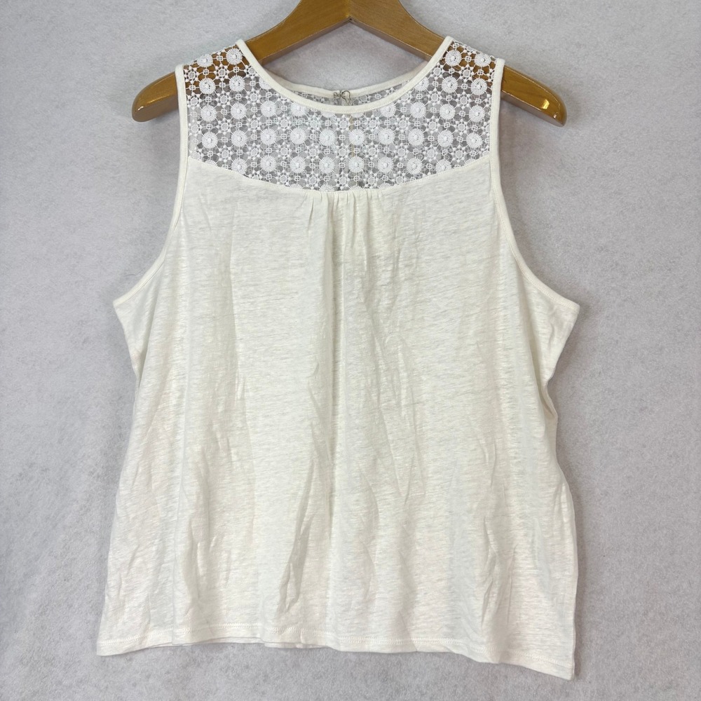 Garnet Hill Organic Linen Lace Yoke Tank Top White Womens XL Cottagecore Coastal